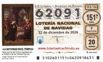 Anverso del d&eacute;cimo 62091 de la Loter&iacute;a de Navidad 2026, de Palma de Mallorca (Baleares)